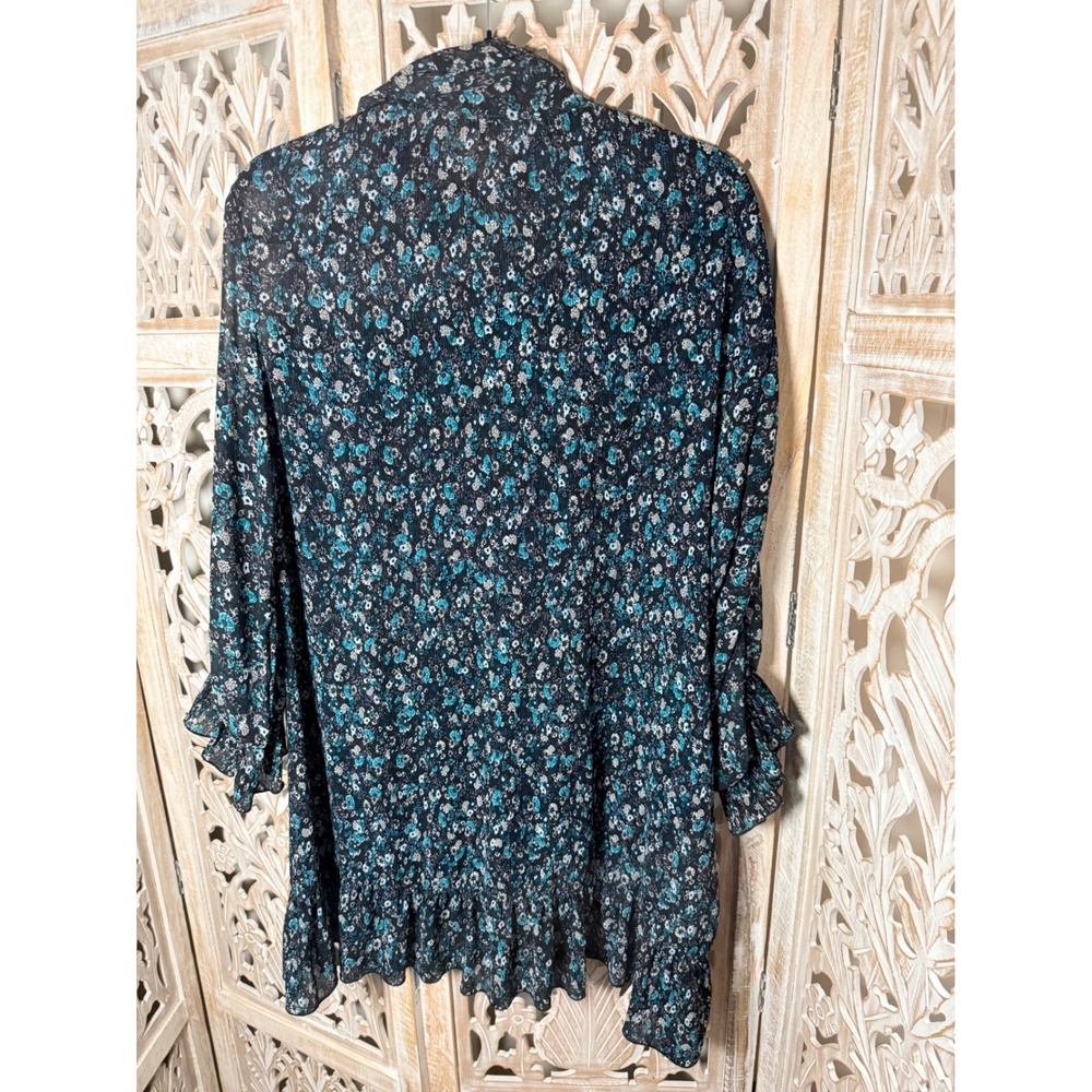 Zara Women Teal Black Floral Plisse Mini Dress Tie Neck Ruffle Long Sleeve Large - Picture 7 of 11